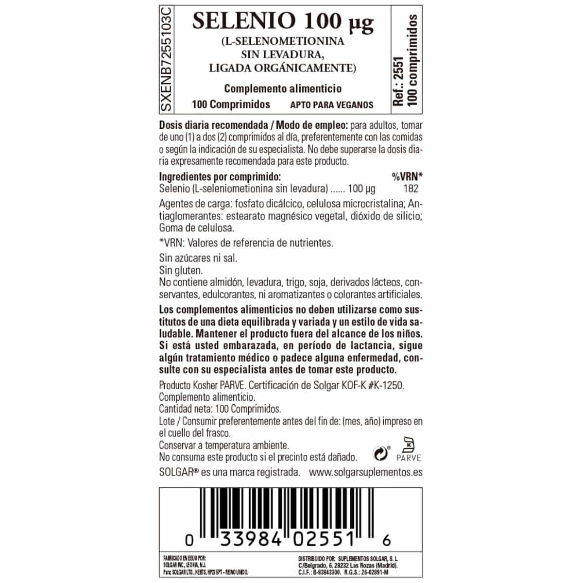 Selenio 100 mcg Sin Levadura – 100 Comprimidos
