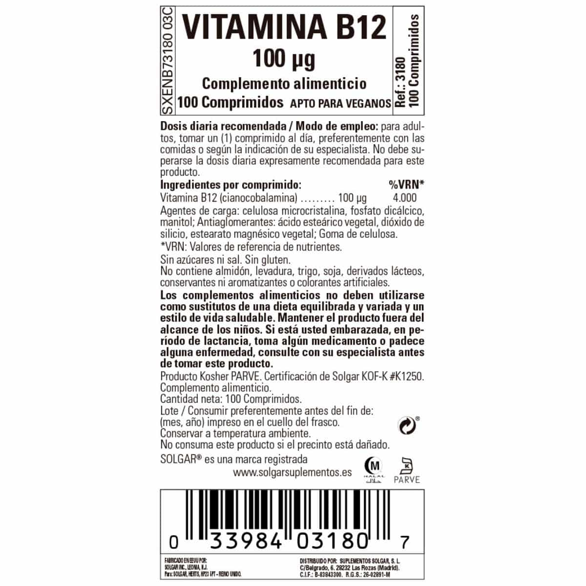 Vitamina B12 – 100 mcg – 100 Comprimidos